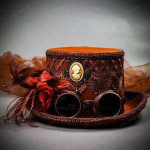 Steampunk Victorian Cameo Pendant Deluxe Flower Laces with Goggles Top Hat Brown